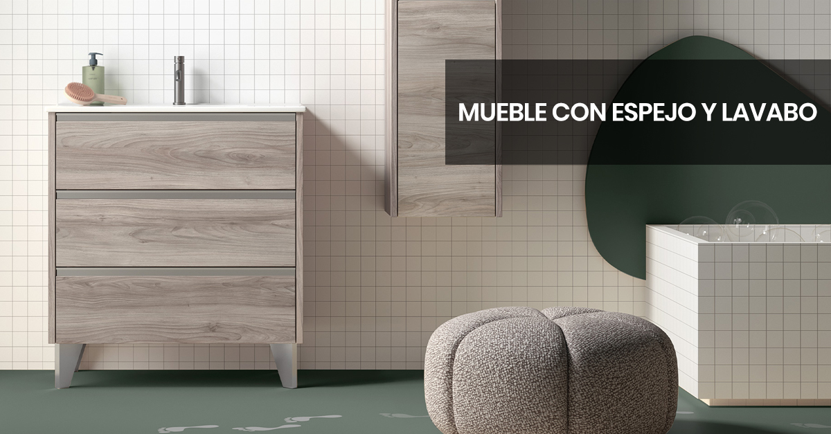 Mueble de baño Escorpio roble natural con espejo, lavabo cerámico y tres cajones