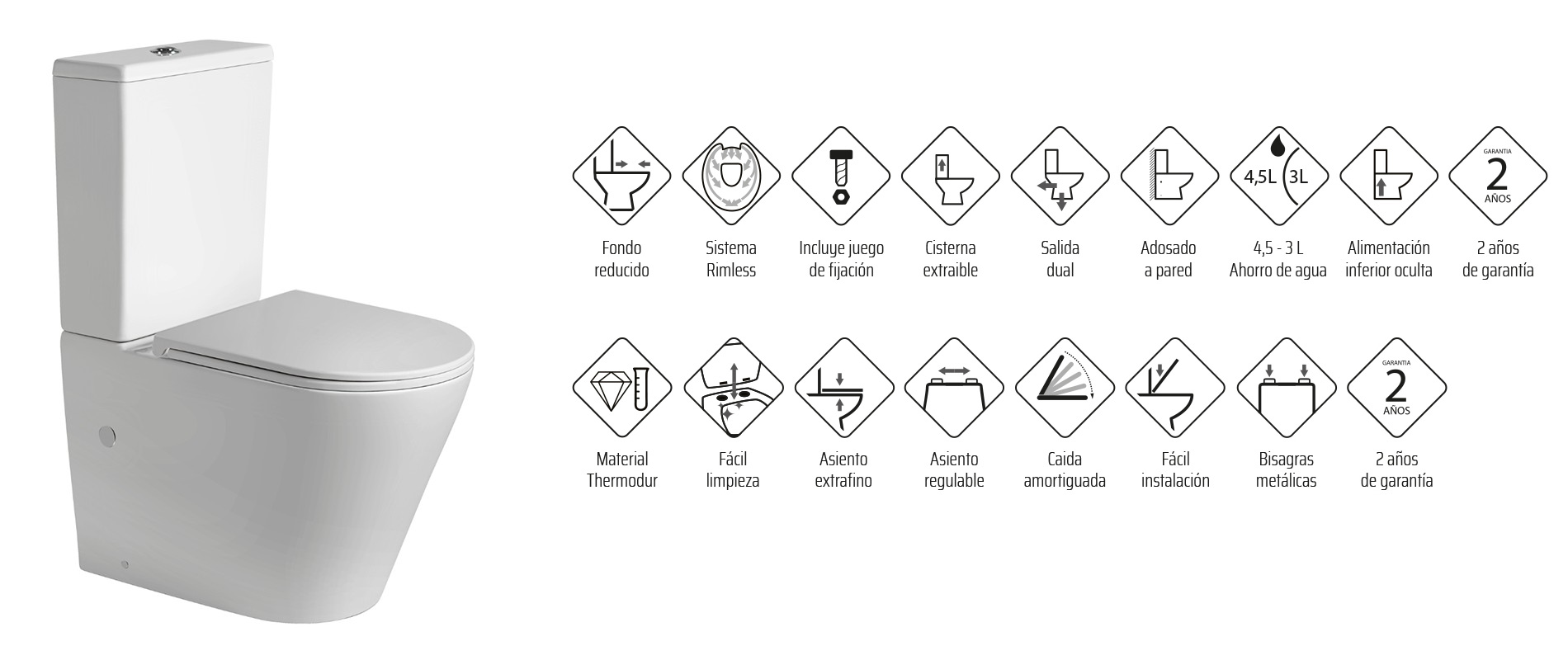 Inodoro completo redondo blanco mate con asiento extrafino y sistema rimless